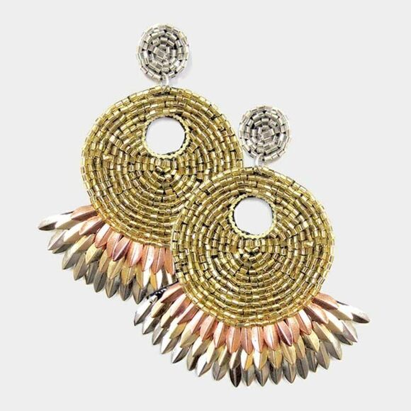 Round Metal Fringe Seed Bead Dangle Earrings - Picture 4 of 6